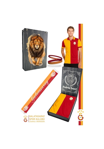Galatasaray Lisanslı Match Day Polo T-shirt + Bileklik + Şal Kaşkol Set Ahşap Kutulu Sarı