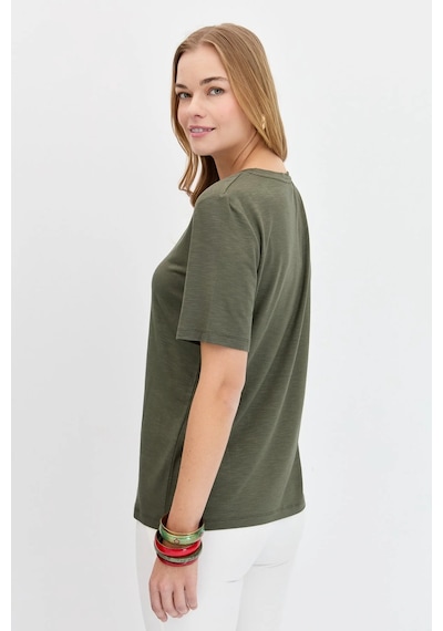 Desen Triko Kadın Sıfır Yaka Flamlı Kumaş Penye T-shirt Kmy24084 Haki