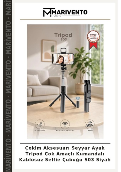 Çekim Aksesuarı Seyyar Ayak Tripod Çok Amaçlı Kumandalı Kablosuz Selfie Çubuğu S03 Siyah