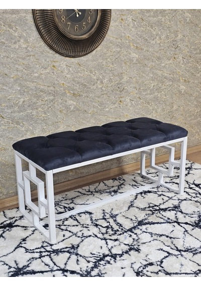 Zafir Beyaz Boyalı İçi Kareli Diktörtgen 100 Cm X 40 Cm Oturak Puf - Bench - Makyaj Oturağı - Oturak Füme