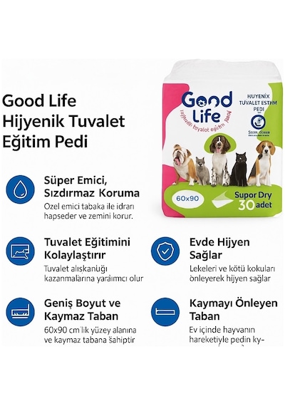 Good Life Hijyenik Tuvalet Eğitim Pedi 60x90 Cm Süper Emici Köpek & Kedi Eğitim Pedi 30 Adet