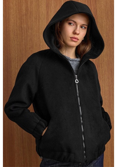 Olcay Kapüşonlu Beli Lastikli Oversize Kısa Kaban Siyah 3162