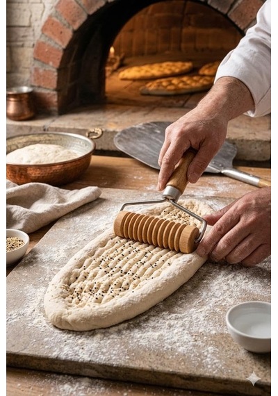 Tırtıklı Ahşap Rulo Hamur Şekillendirici Pide Ve Hamur İşleri İçin Şekillendirme Aparatı 20 Cm