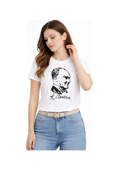 Defymoda Atatürk Baskılı Tişört Kısa Kollu Bisiklet Yaka T-shirt - Beyaz