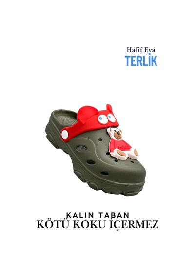 Sermoda Gözlük Desen Ayıcıklı Eva Çocuk Plaj Havuz Terlik Sabo Terlik Haki Kırmızı