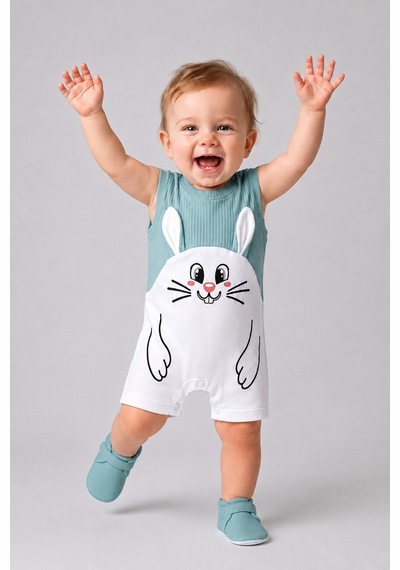 Babyden's Erkek Bebek Tavşan Desenli Yazlık Tulum Fitilli Pamuklu Kolsuz Bebek Tulumu Çıtçıtlı Romper 0-9 Ay Haki