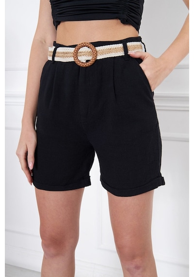Hgfashion Kadın Beli Kemerli Keten Şort Siyah Renk Siyah