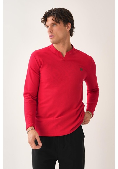 V Yaka Yırtmaç Detaylı Uzun Kollu T-shirt Kırmızı