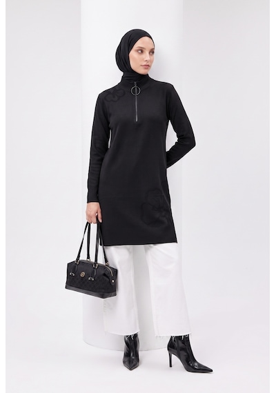 Armine Çiçek Desenli Triko Tunik 25ktd4111 Siyah