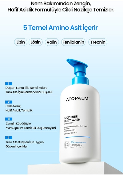 Kuru & Hassas Cilt İçin Besleyici & Nemlendirici Nazik Duş Jeli Atopalm Moisture Body Wash Beyaz Sabun