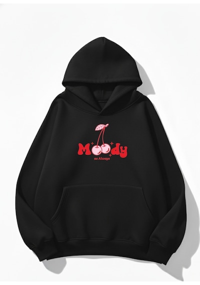 Uyguntarz Unisex Yumuşak Dokulu Moody Cheery Baskılı Tasarım Oversize 3 İplik Hoodie Sweatshirt siyah