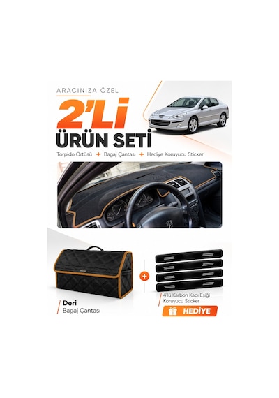 Peugeot 407 2004-2010 Uyumlu Torpido Örtüsü + Deri Bagaj Çantası + Sticker Seti - Siyah Kahverengi