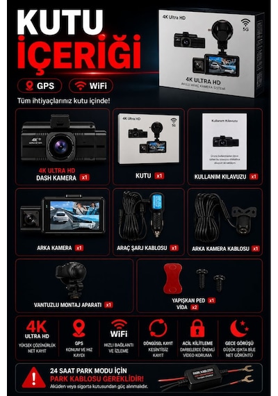 4k Araç Kamerası 3 Kameralı Ön-arka - İç Wifi Gps Park Modu Gece Görüşlü Araç İçi Kamera F6 Dash Cam