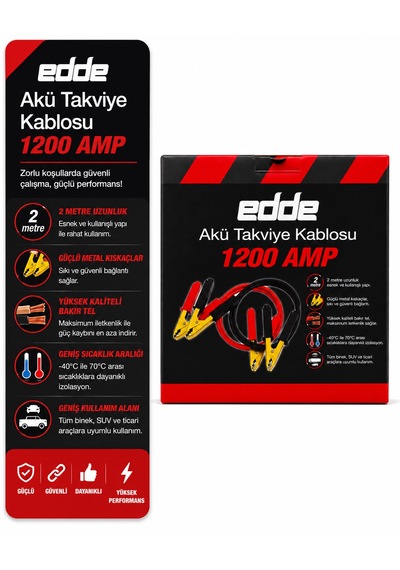 Edde Araba Araç Oto Akü Takviye Kablosu 1200 Amper