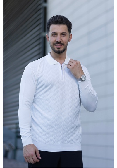 Hk Premium Erkek Triko Kazak Zikzak Desenli Polo Yaka Fermuarlı Slim Fit Beyaz