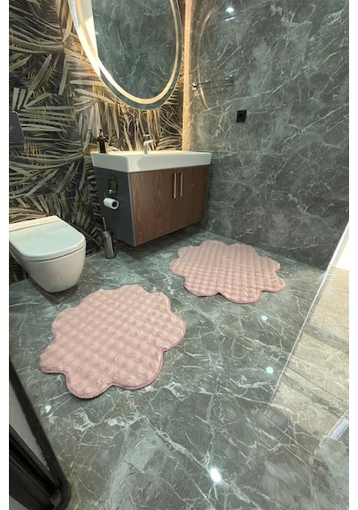 Villadia Home Textile Bubble Papatya Set Banyo Paspası 2'li Set Pofuduk Yumuşak Peluş Kaymaz Taban Yıkanabilir Dekoratif Banyo Halısı Paspası Pembe