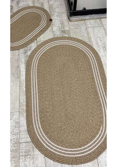 Jüt Hasır 2li Banyo Paspas Takımı-bej Ortası Aralıklı Beyaz Bej