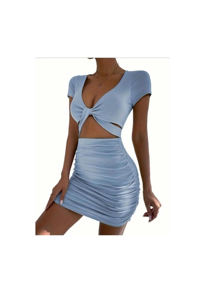 Pink Life Bebe Mavi V Yaka Hollow Out Wrap Hip Kısa Kollu Mini Elbise-bebe Mavi Bebek Mavisi