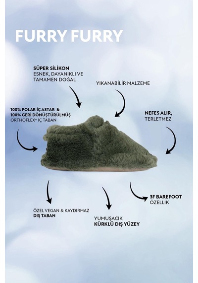 Furry Furry Haki Kürk Barefoot Patik-haki Kürk Haki