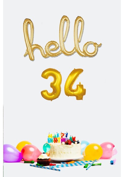 34 Yaş Doğum Günü Balonları - Hello 34 El Yazısı Gold Renk Folyo Balon Gold