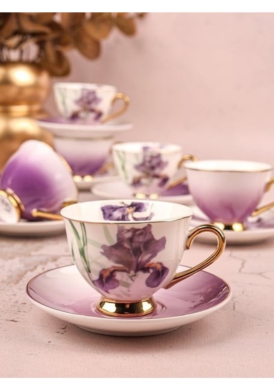 Paçi Orchid Çiçekli Yaldızlı 6 Kişilik Kahve Takımı Mor