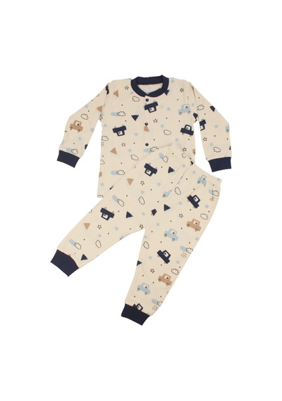 Bebegen Erkek Çocuk Ekru Laci Arabalı Desenli Çıtçıtlı Pijama Takımı Çok Renkli