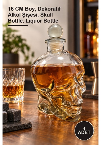 1 Adet Cam Kurukafa İçki Şişesi 16 Cm Boy, Dekoratif Alkol Şişesi, Skull Bottle, Liquor Bottle Diğer