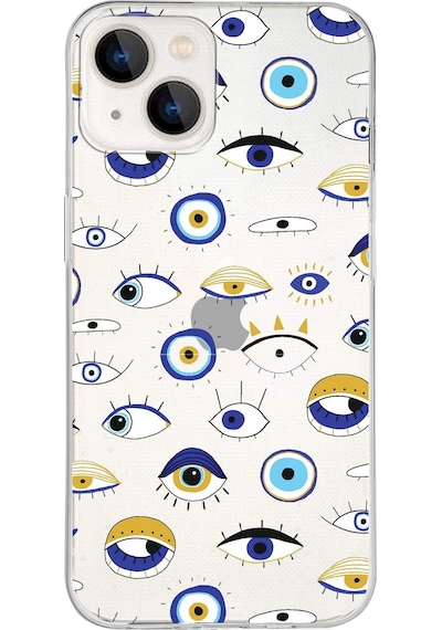 Apple Uyumlu iPhone 13 İle 1mm Slim Fit Nazar Boncuğu 2 Baskılı Şeffaf Kılıf