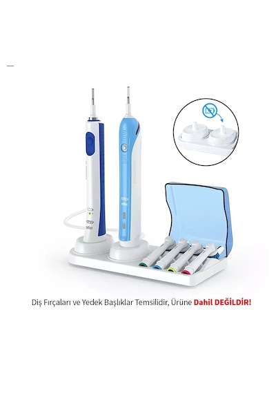 Şarjlı Ve Pilli Diş Fırçası Tutucu Stand Ve 2 Adet Koruyucu Kapak Beyaz - Mavi