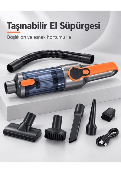 Şeffaf Toz Hazneli Gri Turuncu El Süpürgesi Temizlik Başlıkları Ve Usb Şarj Kablolu Cn