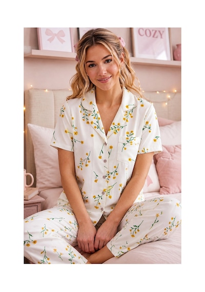 Fit Women Çiçek Baskılı Bürümçük Kumaş Kısa Kollu Pijama Takımı 6067 Çok Renkli