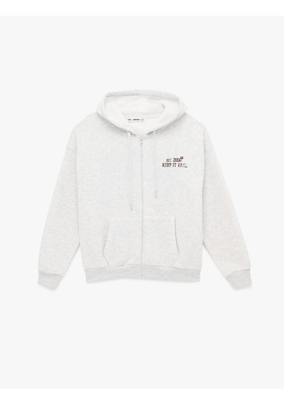 Koton Şardonlu Rahat Kalıp Cepli Uzun Kollu Fermuarlı Arkası Baskılı Kapüşonlu Sweatshirt Kar Melanj 6sal10260ık Gri Melanj