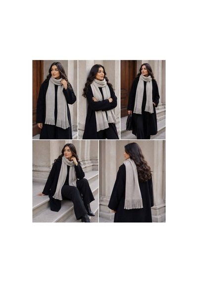 Hıra Co. Kadın Triko Uzun Saçaklı Püsküllü Kışlık Atkı Gri Gri