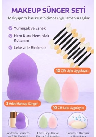 Makyaj Süngeri Seti, 3 Lü Beauty Blender Sünger Büyük, Mini Çift Taraflı Göz Farı Aplikatörleri, Fondöten, Kapatıcı Ve Kontür İçin Profesyonel Makyaj Süngeri Seti
