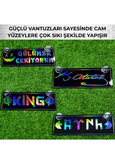 Kişiye Özel Hologram Vantuzlu Dekor Plaka Parlak Siyah Pleksi Oto Aksesuar Vantuzlu 22x7,5 Cm Lazer Kesim
