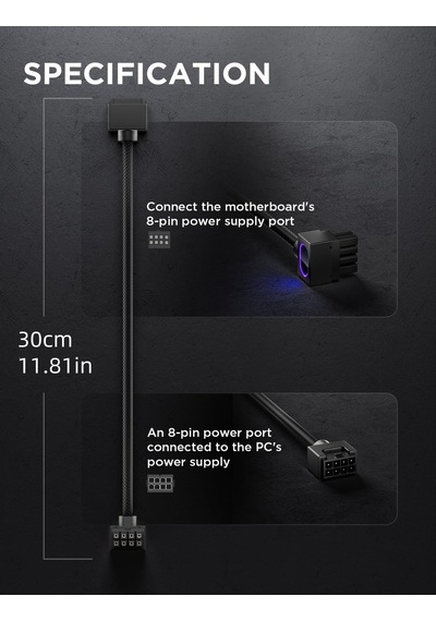 Hydrus 8 Pinli Cpu Uzatma Kablosu Siyah 30 Cm Argb Anakart İçin İşlemci Besleme Diger