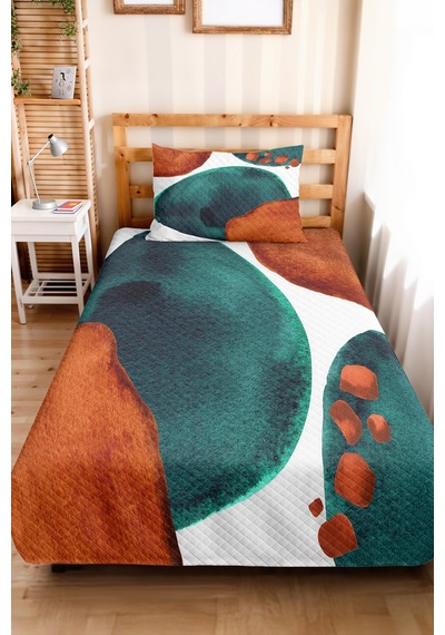 Geometrik Yeşil Modern Genç Odası Tek Kişilik Pike Takımı - Kiremit 160x220 Cm Kapitone Yatak Örtüsü Yeşil