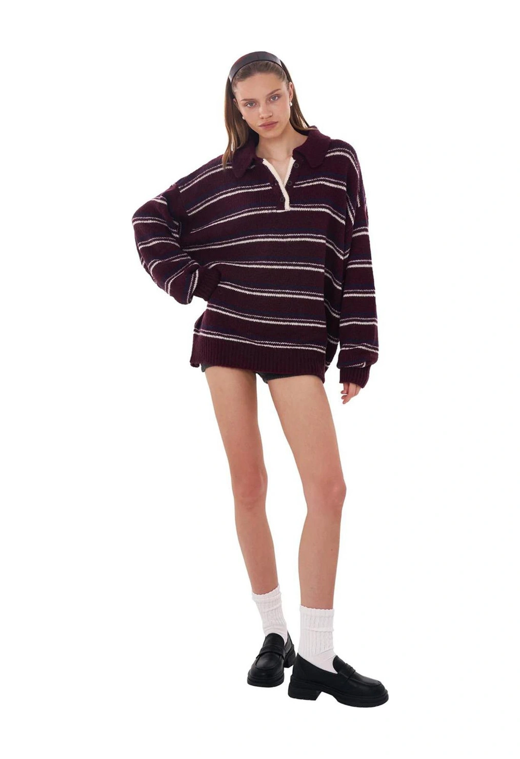 Madmext Bordo Çizgili Düğmeli Polo Yaka Kazak Mg2357 Bordo