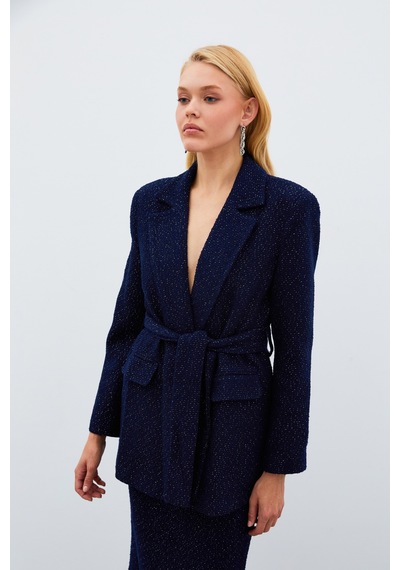 Sateen Kuşaklı Tüvit Ceket - Lacivert-135019 Lacivert