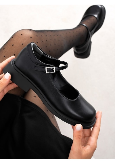 Dabab Shoes Berlın Kadın Siyah Cilt Mary Jane Yuvarlak Burun 2 Cm Kalın Taban Tokalı Babet Loafer Ayakkabı