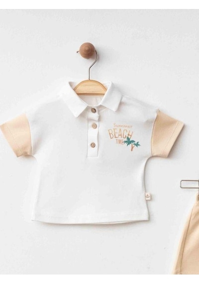 Zekids Erkek Bebek Organik Pamuklu Yakalı T-shirt Şortlu Takım-15911 renkli