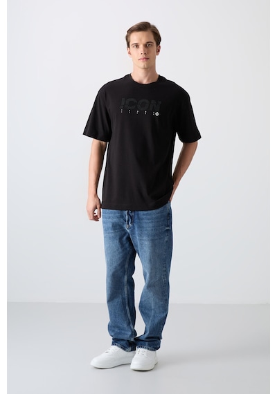 Tommy Life Siyah Pamuklu Kalın Yumuşak Dokulu Oversize Fit Baskılı Erkek T-shirt - 88331 Siyah