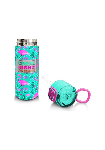 Coral High Kids Su Yeşili Pembe Flamingo Desenli Pipetli Ve Direkt İçim Çelik Termos 500 Ml 31926 Su Yeşili - Pembe