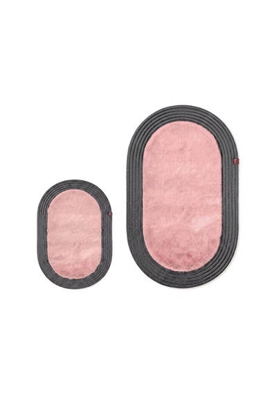 Banyo Paspası Takımı 60x100+40x60 Cm Düz Pembe & Antrasit Gri