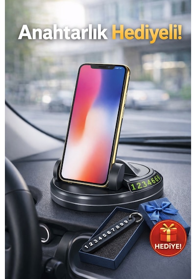 Numaratörlü Araç İçi Telefon Tutucu 360 Derece Döner Torpido Üstü Telefon Standı Hediyeli SİYAH,GRİ