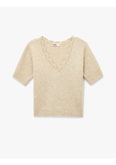 Koton Koton X Şahika Ercümen - Kısa Kollu Dantel Detaylı V Yaka Triko Crop Kazak Bej 6wak90496ht Ekru Koton Koton X Şahika Ercümen - Kısa Kollu Dantel Detaylı V Yaka Triko Crop Kazak Bej 6wak90496ht Ekru