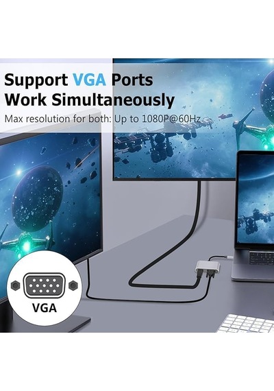 4k Usb-c To Hdmı Vga Adapter, Çok Portlu Dönüştürücü, Gri, Usb Flash Bellek Portu İle, Dizüstü Bilgisayar İçin