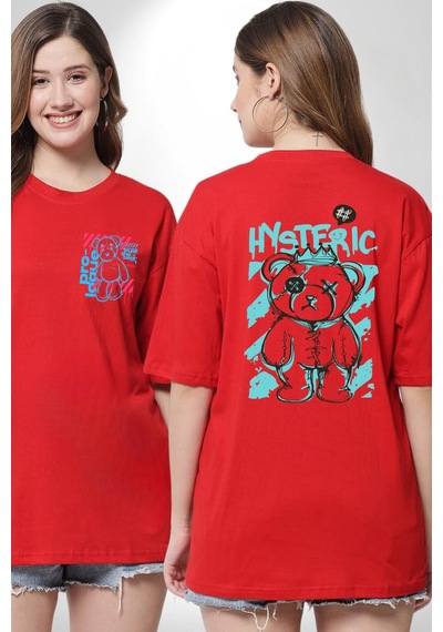 Histerik Kırmızı Oversize Unisex Ön Ve Sırt Baskılı Tişört Kırmızı