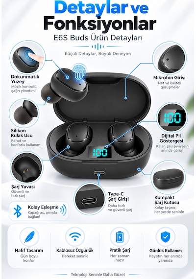 E6s Buds Kablosuz Kulakiçi Taşınabilir Bluetooth Kulaklık