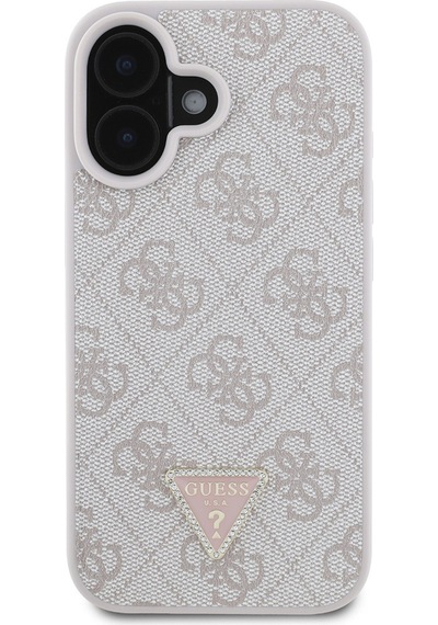 Apple Uyumlu iPhone 16 Kılıf Guess Lisanslı Pu Deri Taşlı Üçgen Logo 4g Desenli Strass Kapak Pembe